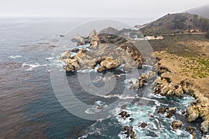 Aerial View of Ocean and Rocky Coastline in California
