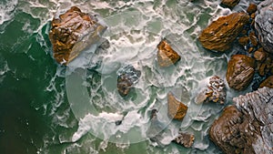 Aerial View of the Ocean and Rocky Shoreline Near Sunset, Aerial sight