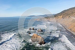 Aerial View of Ocean, Sea Stacks, and California Coast