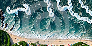 Aerial view of ocean waves at sunset. Beautiful nature background. Aerial view of sea waves crashing on the beach. Top view.