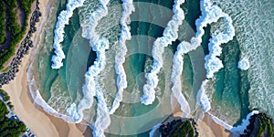 Aerial view of ocean waves at sunset. Beautiful nature background. Aerial view of sea waves crashing on the beach. Top view.