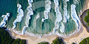 Aerial view of ocean waves at sunset. Beautiful nature background. Aerial view of sea waves crashing on the beach. Top view.