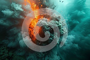 Aerial View of an Oceanic Volcano, Underwater volcanic eruptions, casting an eerie, fiery glow onto the surrounding lifeforms, AI