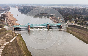 Aerial view of the Odra river bridge in Wroclaw city