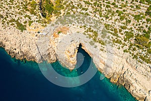 Aerial view of Odysseus` cave on Mljet Island, the Adriatic Sea