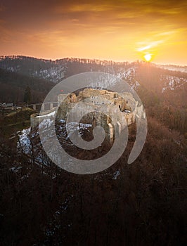 Aerial view ofer Neamt Fortress Cetatea Neamtului in Moldova from Romania during a spring sunrise.