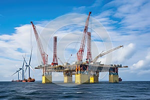 Aerial view of Offshore oil and gas rig construction station platform on the sea. Industry searching for fuel and energy, extract