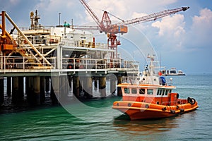 Aerial view of Offshore oil and gas rig construction station platform on the sea. Industry searching for fuel and energy, extract