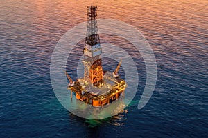 aerial view of an offshore oil rig at sunset