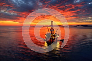 aerial view of an offshore oil rig during sunset