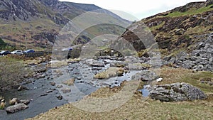 Aerial view of Ogwen valley with Llyn Ogwen in Snowdonia, Gwynedd, North Wales, UK - Great Britain, Europe