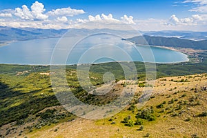 Aerial view of Ohrid-Prespa Transboundary Biosphere Reserve in National Park Galicica in North Macedonia of hill above Prespa lake