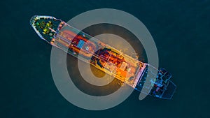 Aerial view oil / chemical tanker in open sea at night, Refinery Industry cargo ship