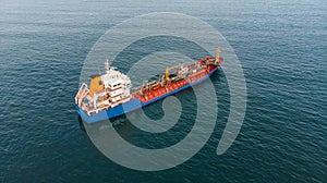 Aerial view of an oil and chemical tanker waiting at sea