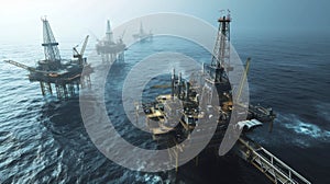 An aerial view of oil drilling platforms with the deafening roar of machinery echoing throughout the ocean