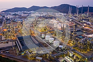 Aerial view of Oil and gas industry - refinery, Shot from drone of Oil refinery and Petrochemical plant at twilight, Bangkok,