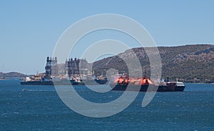 Aerial view of oil and gas petrochemical tanker, refinery industry cargo ship