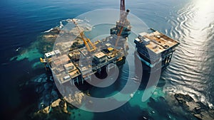 Aerial view of oil and gas platform in the sea. Oil and gas industry. Aerial view of oil and gas platform in the sea. Oil and gas