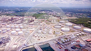 Aerial view of oil industry business fuel storage factory area o