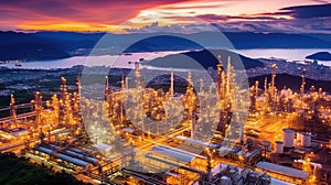 Aerial view oil refinery night background during twilight Generative AI