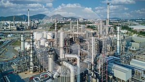 Aerial view oil refinery plant from industry zone, Oil and gas petrochemical industrial, Refinery factory oil storage tank and pip