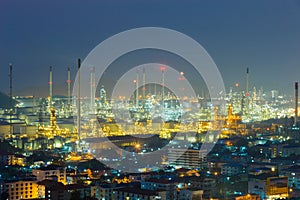 Aerial view Oil refinery with twilight blue sky