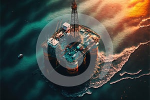Aerial view of an oil rig at sea at sunset.