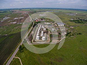 Aerial view of oil storage tanks