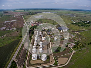 Aerial view of oil storage tanks