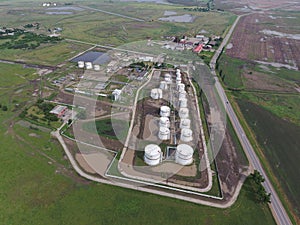 Aerial view of oil storage tanks