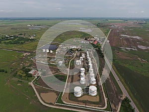 Aerial view of oil storage tanks