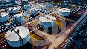Aerial view of oil storage tanks in an industrial area. Generative AI