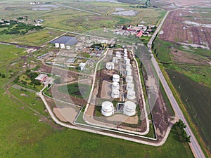 Aerial view of oil storage tanks. Industrial facility for the storage and separation of oil