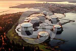 aerial view of oil storage tanks and infrastructure