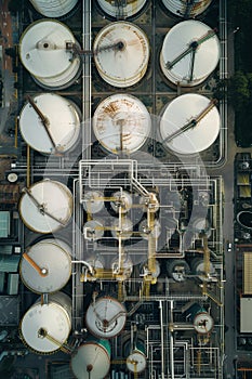 Aerial view of oil storage tanks, oil refinery at oil depot, transportation of fuel energy by tanker