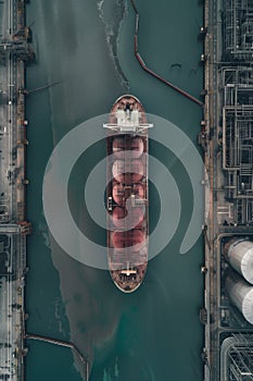 Aerial view of oil storage tanks, oil refinery at oil depot, transportation of fuel energy by tanker