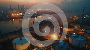 Aerial view of oil storage tanks, oil refinery at oil depot, transportation of fuel energy by tanker