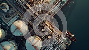 Aerial view of oil storage tanks, oil refinery at oil depot, transportation of fuel energy by tanker