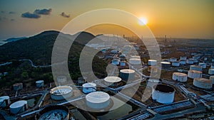 Aerial view of oil tank storage in heavy petrochemical industries estate plant