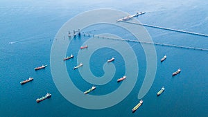 Aerial view oil tanker ship and gas tanker ship loading in port.