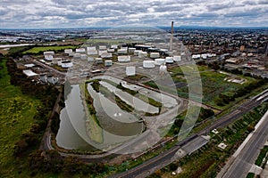 Aerial view of the oil terminal on a cloudy day in Melbourne, Australia
