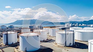 Aerial view oil terminal storage tank, White oil tank storage chemical petroleum petrochemical refinery product at oil