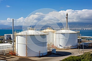 Aerial view oil terminal storage tank, White oil tank storage chemical petroleum petrochemical refinery product at oil