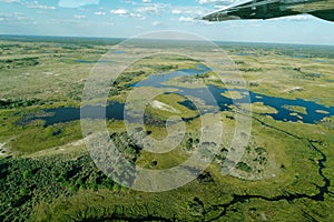 Aerial view of Okavango Delta, Botswana, Africa, from the cockpit of an airplane