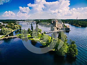 Aerial view of olavinlinna medieval castle in Savonlinna, Finland