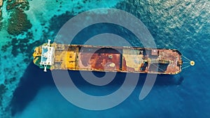 Aerial view of a an old abandoned rusty cargo ship in the blue sea. Top view. Generative AI