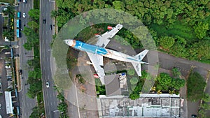 Aerial view of an old airplane on the side of the highway around Bekasi summarecon. repaired will become a restaurant. Bekasi,