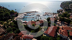 Aerial view of Old Antalya Marina and Kaleici in Antalya, Turkey. Drone flying over the marina. The Kaleici area is the