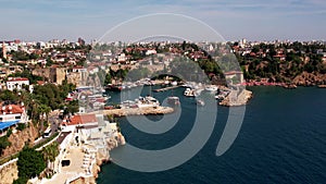 Aerial view of Old Antalya Marina and Kaleici in Antalya, Turkey. Drone flying over the marina. The Kaleici area is the