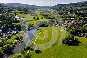 Aerial view of an old bridge over the River Usk in Abergavenny